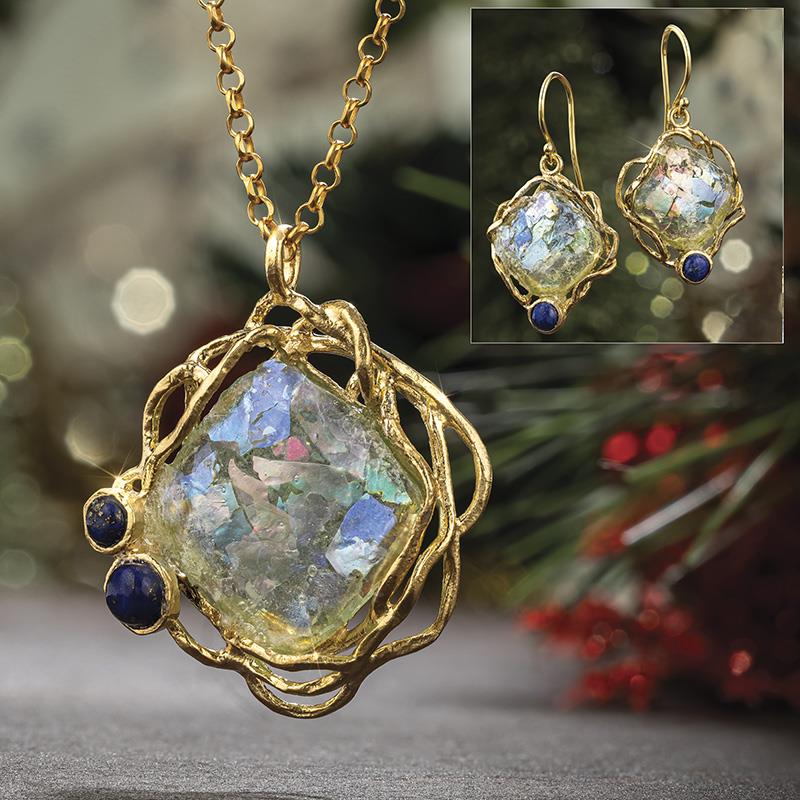 Holy Land Roman Glass Pendant, Chain & Earrings